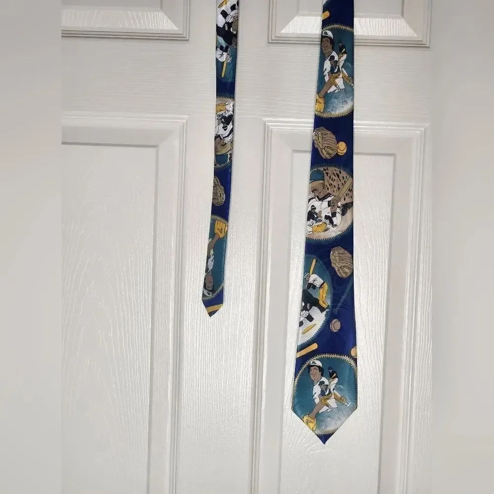 Paris Moderns Paris Design Baseball Print Navy Blue Mlticlrd 100% SILK Neck Tie